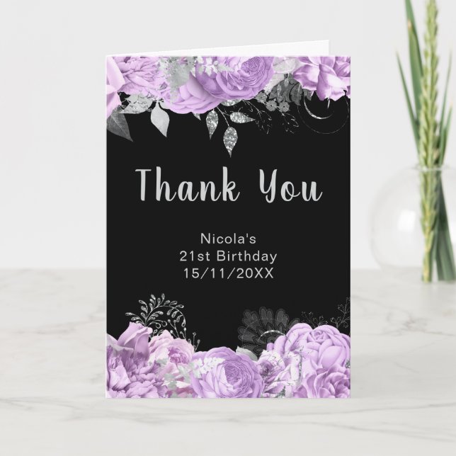 Cartão De Agradecimento Elegant Lilac and Silver Flowers Birthday Party (Frente)