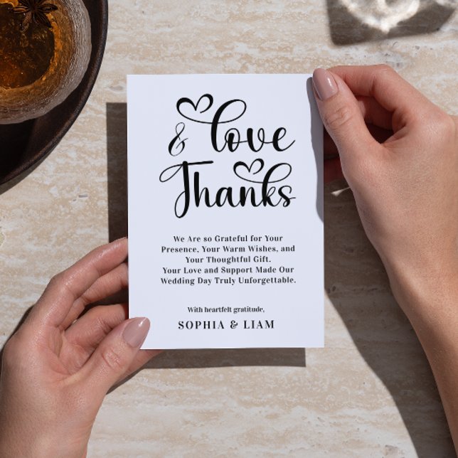 Cartão De Agradecimento Elegant Love and Thanks Heart Script Wedding  (Elegant Love and Thanks Heart Script Wedding Thank You Card black and white simple wedding heart )