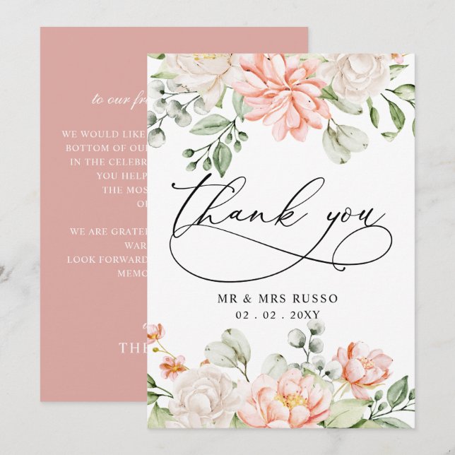 Cartão De Agradecimento Elegant Modern Botanical Blush Pink Floral Wedding (Frente/Verso)