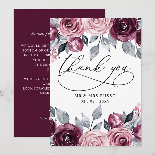 Cartão De Agradecimento Elegant Modern Botanical Burgundy Floral Wedding (Frente/Verso)
