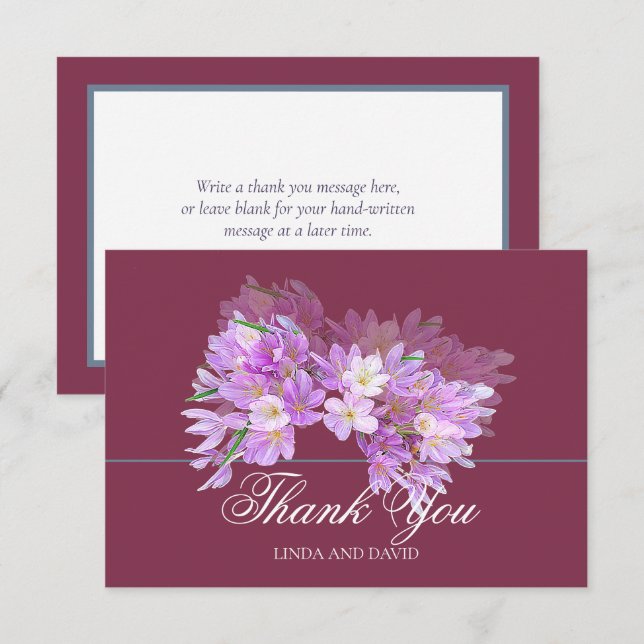 Cartão De Agradecimento Elegant Modern Pink Purple Crocus Bridal Thank You (Frente/Verso)