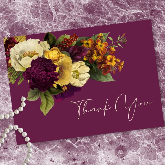 Cartão De Agradecimento Elegant Moody Jewel Vintage Floral Wine Wedding (Elegant Moody Jewel Vintage Floral Wine Wedding Thank You Card)