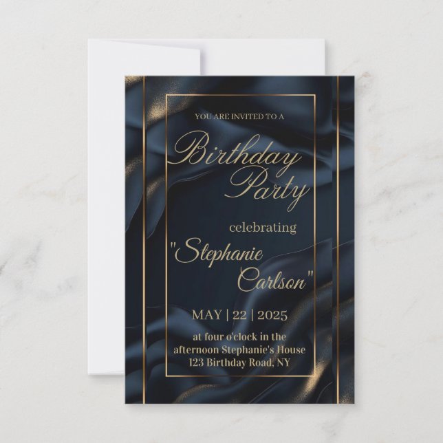Cartão De Agradecimento Elegant Navy Blue & Gold Wedding Invitation (Frente)
