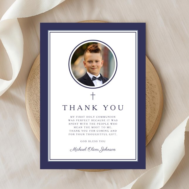 Cartão De Agradecimento Elegant Navy Blue Photo Boy First Communion (Elegant Navy Blue Photo Boy First Communion Thank You Card)