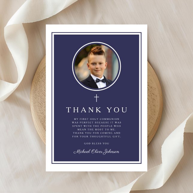 Cartão De Agradecimento Elegant Navy Blue Photo Boy First Communion (Elegant Navy Blue Photo Boy First Communion Thank You Card)
