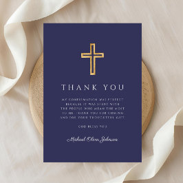 Cartão De Agradecimento Elegant Navy Blue Religious Cross Confirmation