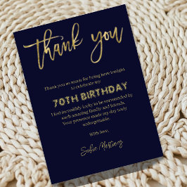 Cartão De Agradecimento Elegant Navy Gold 70th Birthday Thank You Card