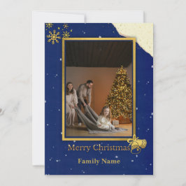 Cartão De Agradecimento Elegant Navy & Gold Christmas Photo Card