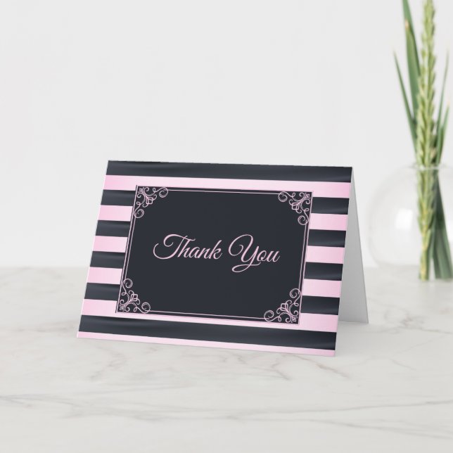 Cartão De Agradecimento Elegant Pink and Black Striped French Bridal (Frente)