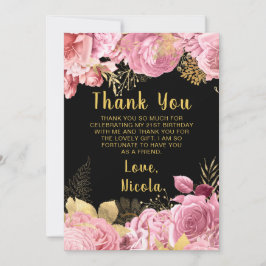 Cartão De Agradecimento Elegant Pink and Gold Flowers Birthday Party