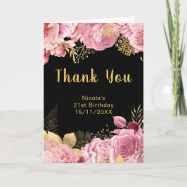 Cartão De Agradecimento Elegant Pink and Gold Flowers Birthday Party