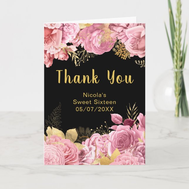 Cartão De Agradecimento Elegant Pink and Gold Flowers Sweet Sixteen (Frente)