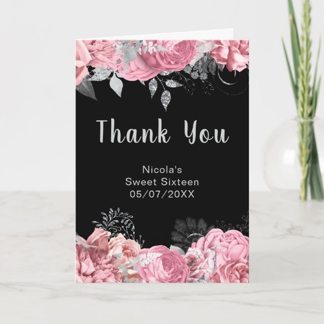 Cartão De Agradecimento Elegant Pink and Silver Flowers Sweet Sixteen (Frente)