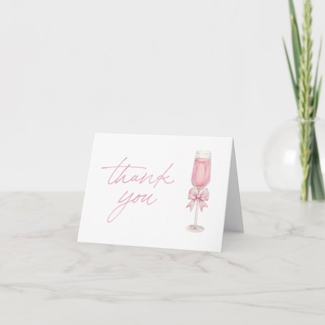 Cartão De Agradecimento Elegant Pink Bow Champagne Shower Thank You Card (Frente)
