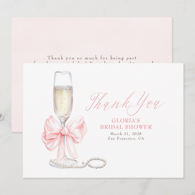 Cartão De Agradecimento Elegant Pink Bow Prosecco Bridal Shower Thank You (Frente/Verso)