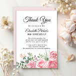 Cartão De Agradecimento Elegant pink floral 90th birthday party<br><div class="desc">Stylish pink roses,  feminine floral 90th birthday party thank you card template. Easy to personalize with your text.</div>