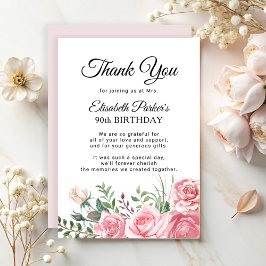 Cartão De Agradecimento Elegant pink floral 90th birthday party 