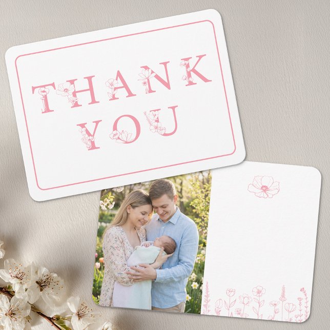 Cartão De Agradecimento Elegant Pink Floral Baby Shower Photo (Pink Photo Thank You Card)