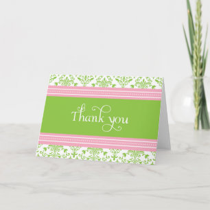 Cartão De Agradecimento Elegant Pink & Green Damask Thank You Card