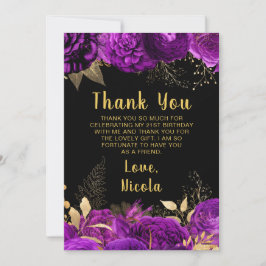 Cartão De Agradecimento Elegant Purple and Gold Flowers Birthday Party