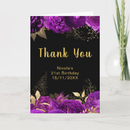 Cartão De Agradecimento Elegant Purple and Gold Flowers Birthday Party