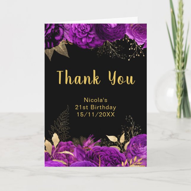 Cartão De Agradecimento Elegant Purple and Gold Flowers Birthday Party (Frente)