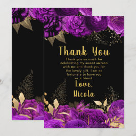 Cartão De Agradecimento Elegant Purple and Gold Flowers Sweet Sixteen