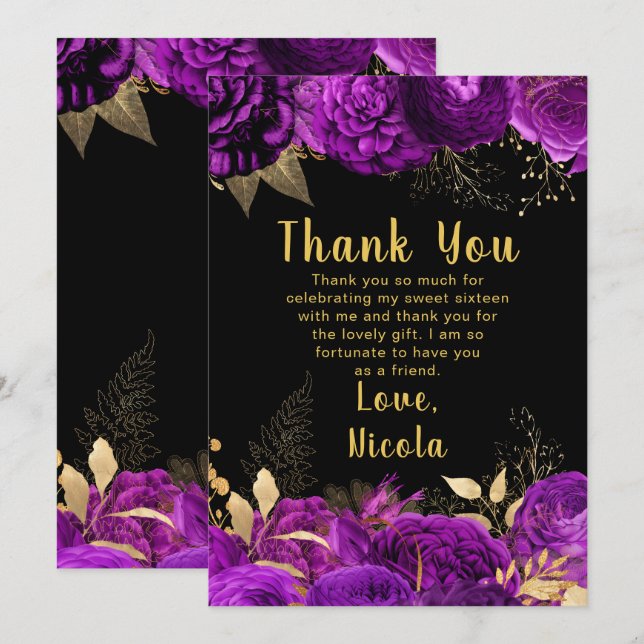 Cartão De Agradecimento Elegant Purple and Gold Flowers Sweet Sixteen (Frente/Verso)