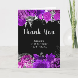 Cartão De Agradecimento Elegant Purple and Silver Flowers Birthday Party 