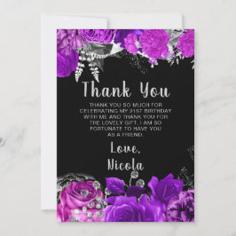 Cartão De Agradecimento Elegant Purple and Silver Flowers Birthday Party 