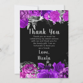Cartão De Agradecimento Elegant Purple and Silver Flowers Sweet Sixteen