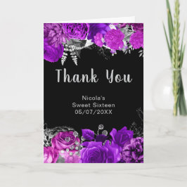 Cartão De Agradecimento Elegant Purple and Silver Flowers Sweet Sixteen