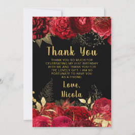 Cartão De Agradecimento Elegant Red and Gold Flowers Birthday Party