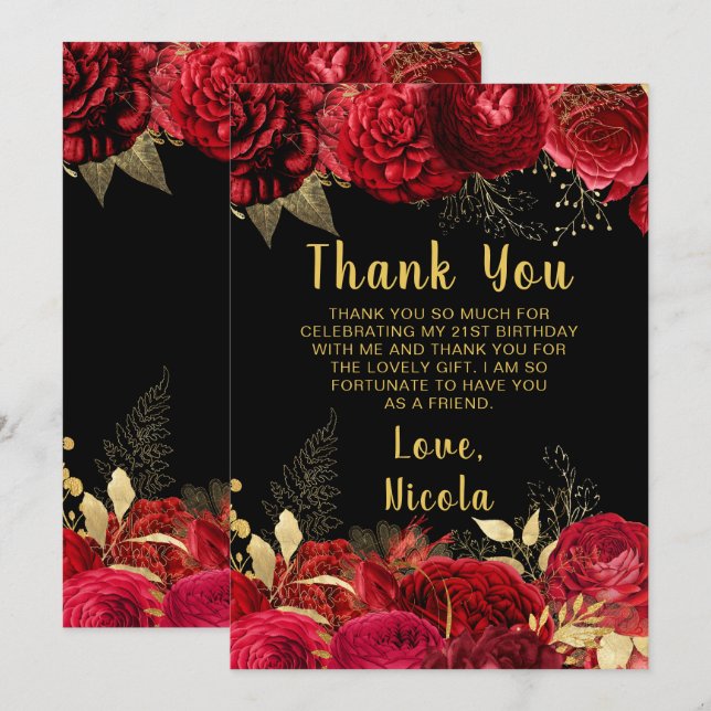 Cartão De Agradecimento Elegant Red and Gold Flowers Birthday Party (Frente/Verso)