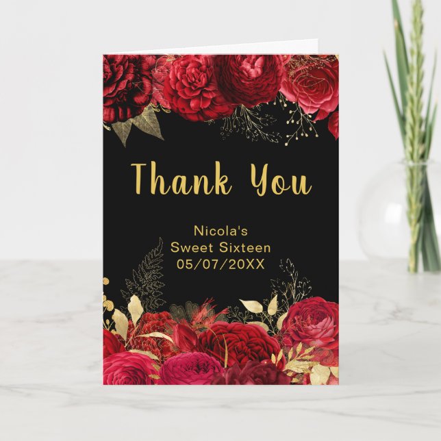Cartão De Agradecimento Elegant Red and Gold Flowers Sweet Sixteen (Frente)