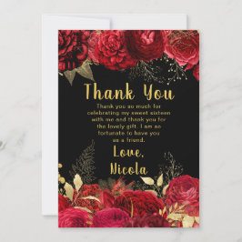 Cartão De Agradecimento Elegant Red and Gold Flowers Sweet Sixteen