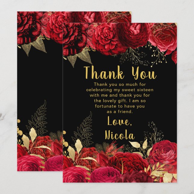 Cartão De Agradecimento Elegant Red and Gold Flowers Sweet Sixteen (Frente/Verso)