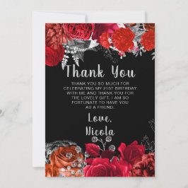 Cartão De Agradecimento Elegant Red and Silver Flowers Birthday Party