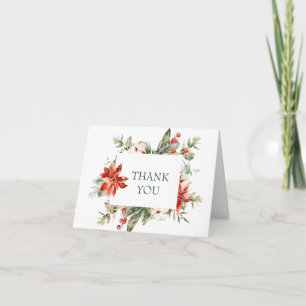 Cartão De Agradecimento Elegant Red Poinsettia Pine Fir Watercolor Thank Y