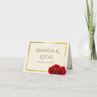 Cartão De Agradecimento Elegant Red Roses and Gold Frame Cream Wedding