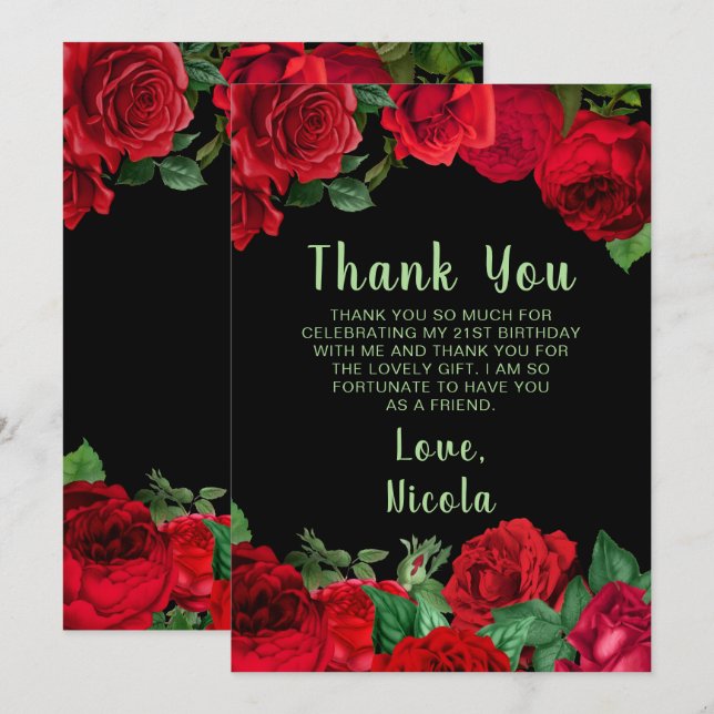 Cartão De Agradecimento Elegant Red Roses Flowers Birthday Party (Frente/Verso)