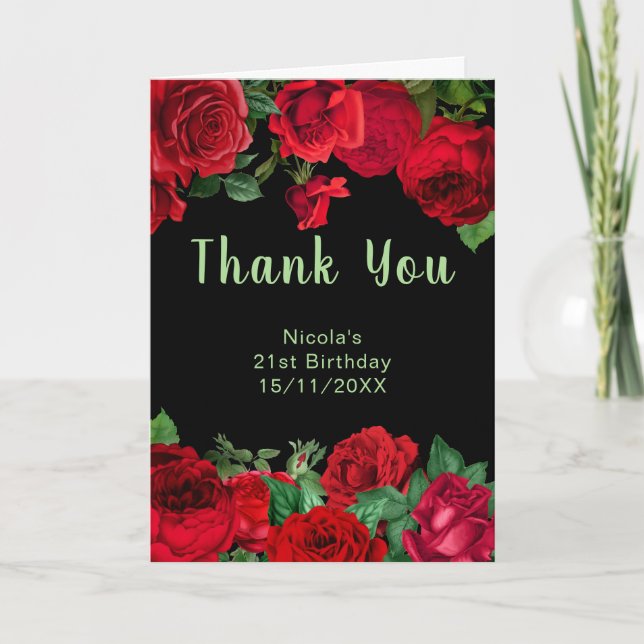 Cartão De Agradecimento Elegant Red Roses Flowers Birthday Party (Frente)