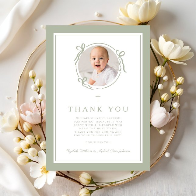Cartão De Agradecimento Elegant Sage Green Bow Religious Baptism Photo (Elegant Sage Green Bow Religious Baptism Photo Thank You Card)