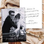 Cartão De Agradecimento Elegant Script Black White Photo Wedding Thank<br><div class="desc">Minimalist, Elegant, Stylish Script Black White Photo Wedding Thank You Card. Thank your guests with this elegant minimalist wedding photo thank you card. Featuring a clean layout, refined calligraphy, and a timeless black and white aesthetic, it’s perfect for modern and classic wedding styles alike. At the back side a pretty...</div>