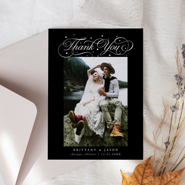 Cartão De Agradecimento Elegant Script Typography Dots Wedding Photo Black (Criador carregado)