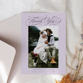 Cartão De Agradecimento Elegant Script Typography Dots Wedding Purple