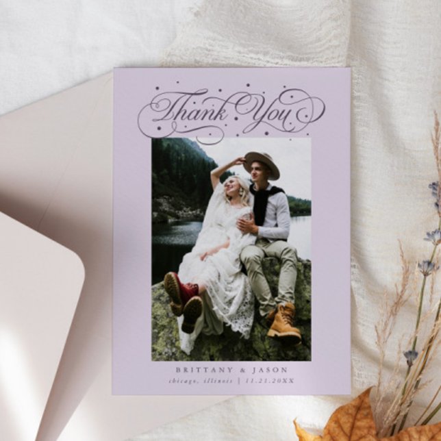 Cartão De Agradecimento Elegant Script Typography Dots Wedding Purple (Criador carregado)