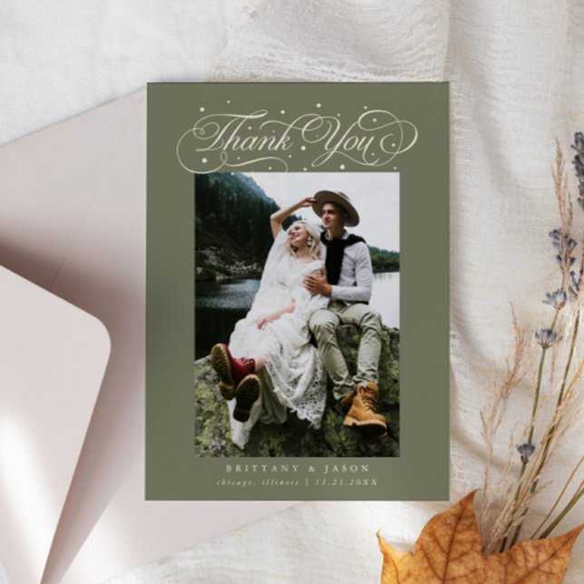 Cartão De Agradecimento Elegant Script Typography Dots Wedding Sage Green (Criador carregado)