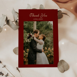 Cartão De Agradecimento Elegant Script Wine Red Wedding Photo