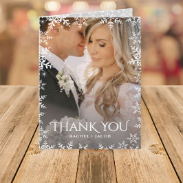 Cartão De Agradecimento Elegant Snowflake 2-Photo Winter Wedding Thank You